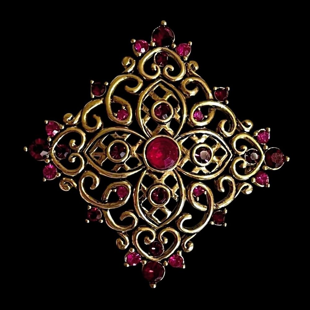 Vintage Liz Claiborne Brooch Pin Gold Tone Filigree Red Purple Pink Rhinestone